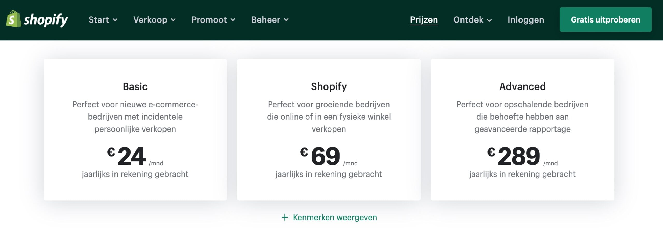 Shopify prijzen